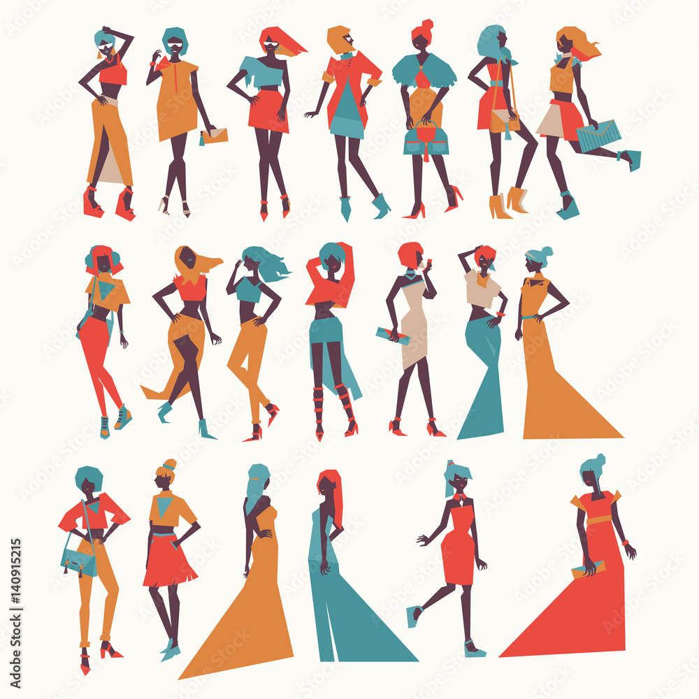 Vector fashion girls in different apparel - evening dresses, casual look, various poses and accesories. Bright illustration for vogue and fashion purposes in vivid colors, isolated on background.
