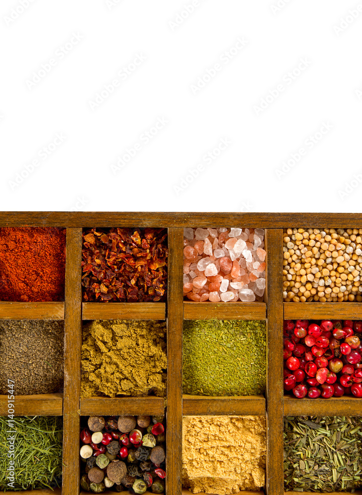 assortment of spices in wooden box assortment of spices in wooden box