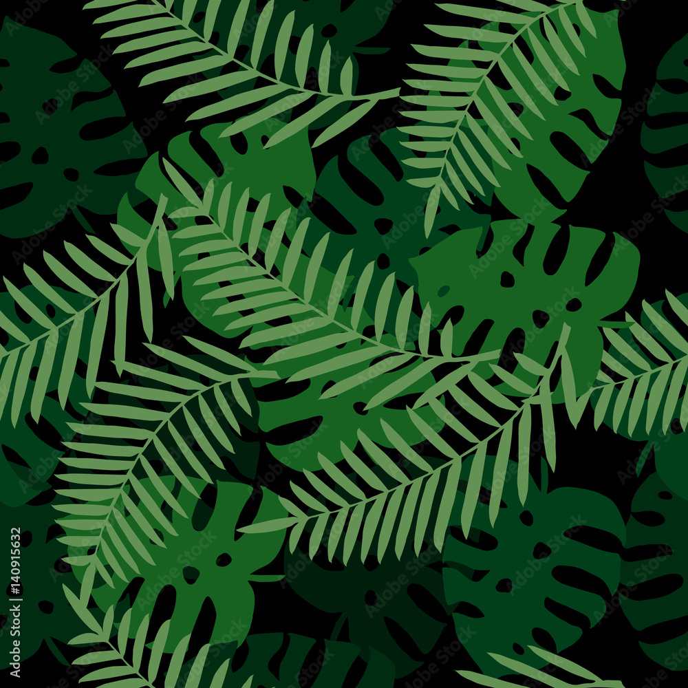 Palm pattern. Monstera leaves. Tropical leaves seamless background.  Trendy colors for textile or book covers, manufacturing, wallpapers, print, gift wrap and scrapbooking. 