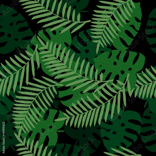 Palm pattern. Monstera leaves. Tropical leaves seamless background. Trendy colors for textile or book covers, manufacturing, wallpapers, print, gift wrap and scrapbooking. 