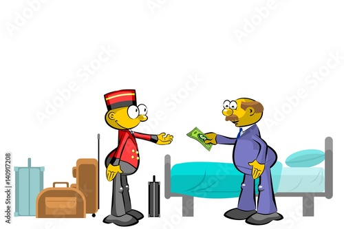 Bellboy and suitcases in the bedroom isolated on white