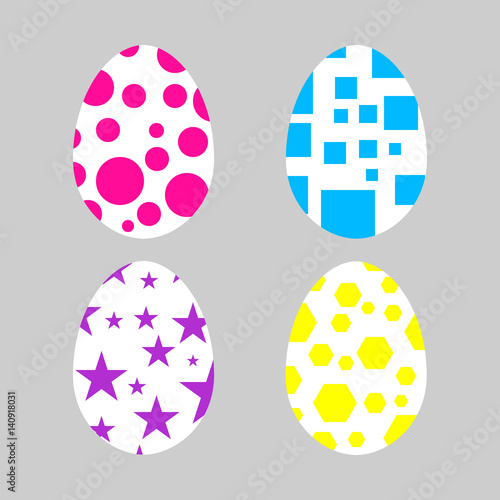 Easter eggs vector icon background. Flat style of colorful eggs with star, square and polygon. Vector illustration on gray