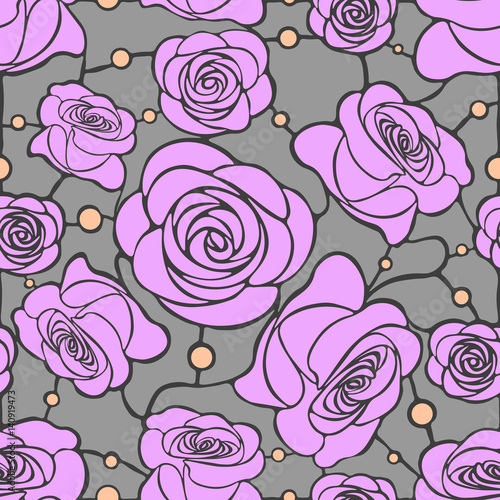 Seamless floral mosaic pattern with pink roses on gray background with dots