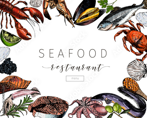 Vector hand drawn seafood banner.colored Lobster, salmon, crab, shrimp, octopus, squid, clams.