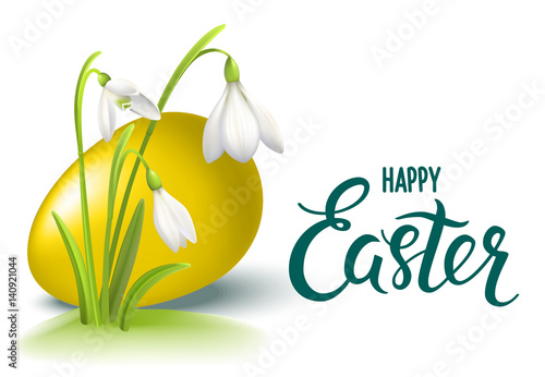 Happy Easter Lettering card whith golden egg and Snowdrop Flower - Vector illustration.
