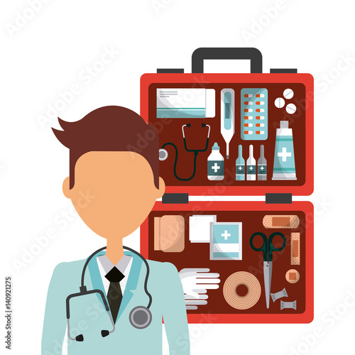 first aid kit and medical doctor cartoon icon over white background. colorful design. vector illustration