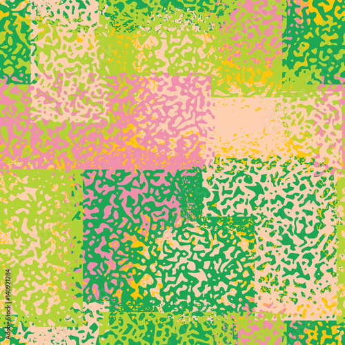 Abstract grunge seamless chaotic pattern with brushstrokes. Urban spring camouflage texture. Trendy colorful background. Modern wallpaper. Fashionable print with a shabby paint effect.