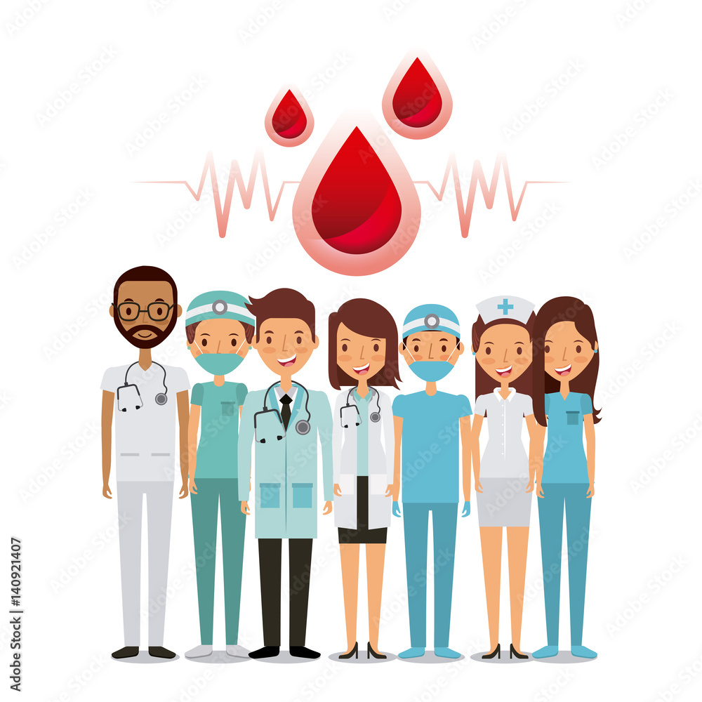Obraz premium blood drops and professional medical people over white background. colorful design. vector illustration