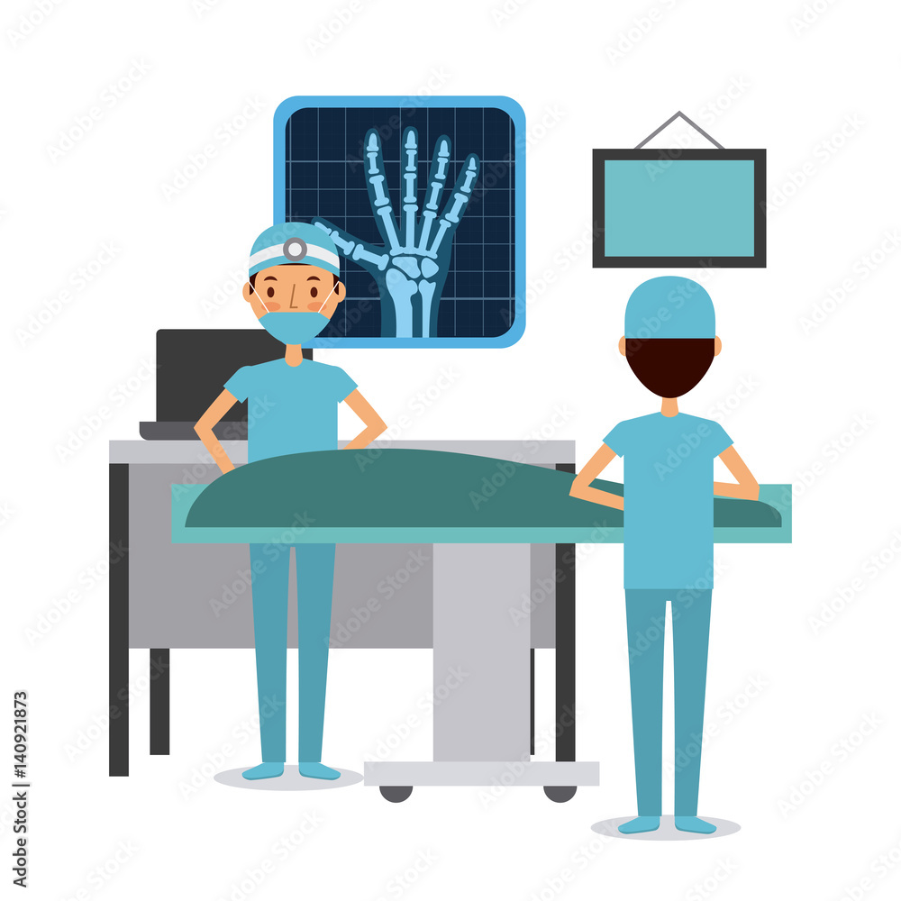 surgeon and nurse with a patient on stretcher over white background. colorful design. vector illustration surgeon and nurse with a patient on stretcher over white background. colorful design. vector illustration