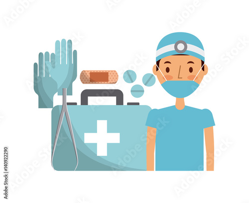 first aid briefcase and medical nurse man cartoon icon over white background. colorful design. vector illustration