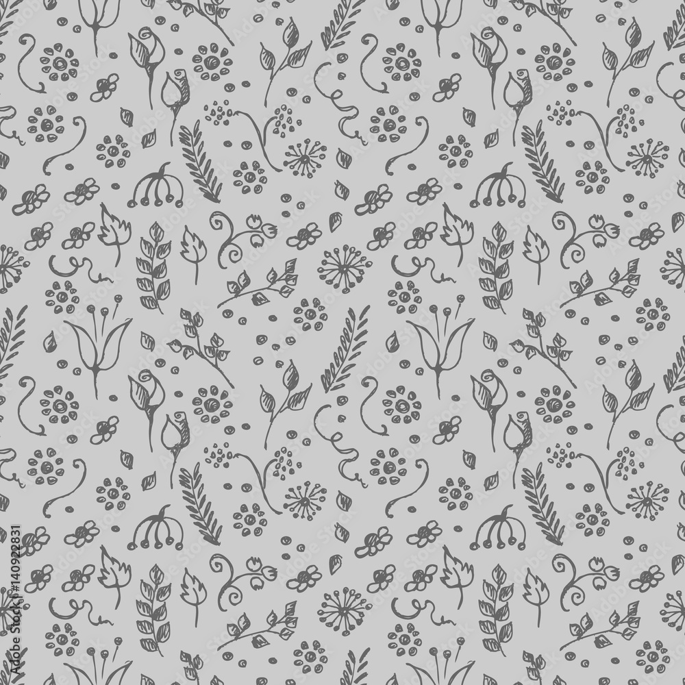 Seamless vector pattern, hand drawn background with flowers, branch, leaves, dots. Hand sketch drawing. Doodle funny style. Series of Hand Drawn seamless childish Patterns. Seamless vector pattern, hand drawn background with flowers, branch, leaves, dots. Hand sketch drawing. Doodle funny style. Series of Hand Drawn seamless childish Patterns.
