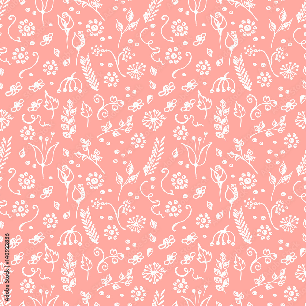 Seamless vector pattern, hand drawn background with flowers, branch, leaves, dots. Hand sketch drawing. Doodle funny style. Series of Hand Drawn seamless childish Patterns. Seamless vector pattern, hand drawn background with flowers, branch, leaves, dots. Hand sketch drawing. Doodle funny style. Series of Hand Drawn seamless childish Patterns.