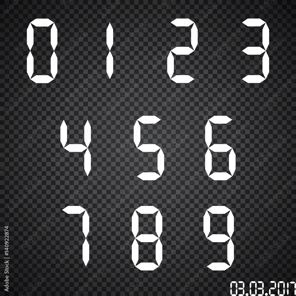 Electronic figures. Green dial isolated on a black background. Numbers - 0, 1, 2, 3, 4, 5, 6, 7, 8, 9. LCD numbers set for a digital watch and other electronic devices. Vector illustration. Electronic figures. Green dial isolated on a black background. Numbers - 0, 1, 2, 3, 4, 5, 6, 7, 8, 9. LCD numbers set for a digital watch and other electronic devices. Vector illustration.