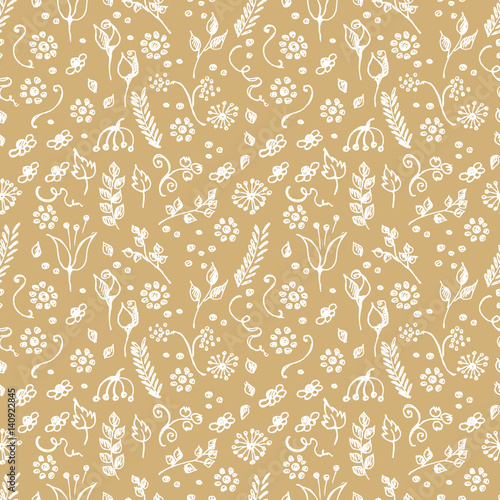 Seamless vector pattern, hand drawn background with flowers, branch, leaves, dots. Hand sketch drawing. Doodle funny style. Series of Hand Drawn seamless childish Patterns.