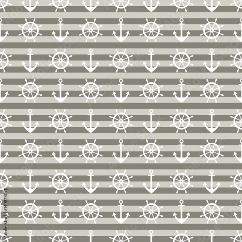Vector seamless pattern with anchor, steering wheel, diagonal lines. Symmetrical background, nautical theme. Graphic illustration. Template for wrapping, backgrounds, fabric, prints, decor, surface
