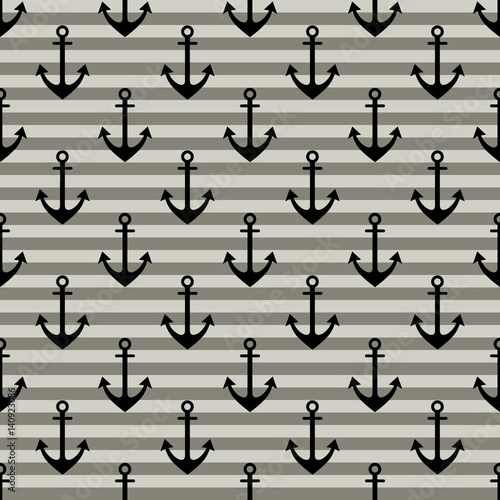 Vector seamless pattern with anchor, diagonal lines. Symmetrical background, nautical theme. Graphic illustration. Template for wrapping, backgrounds, fabric, prints, decor, surface