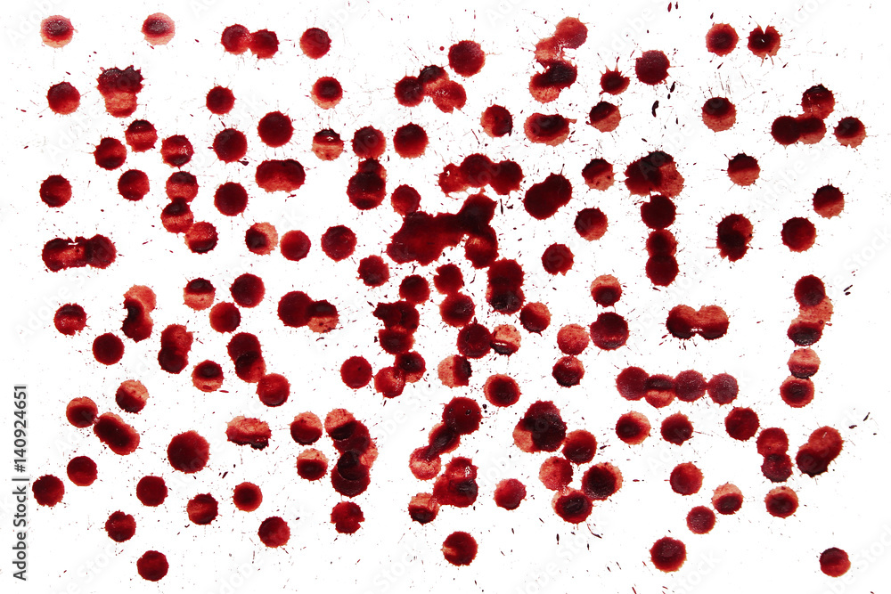 isolated red drops of human blood on a white background.