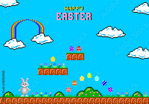 Happy Easter greeting card. Easter rabbit in style of eight-bit game. Inscription of  Happy Easter.  Vector illustration 