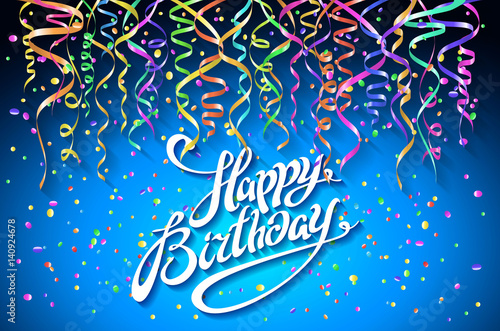 Happy Birthday Greeting Card On blue Background vector Illustration with colorful confetti