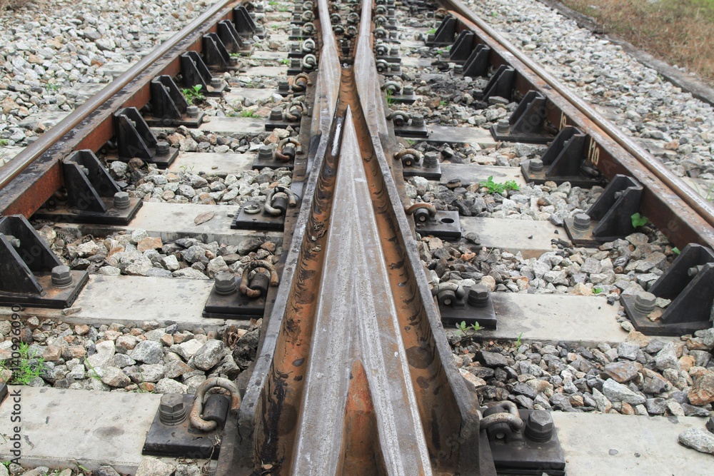 railway track on gravel for train transportation: Select focus with shallow depth of field : railway track on gravel for train transportation: Select focus with shallow depth of field :