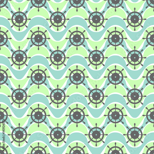 Vector seamless pattern with steering wheel, waves. Symmetrical green background, nautical theme. Graphic illustration. Template for wrapping, backgrounds, fabric, prints, decor, surface