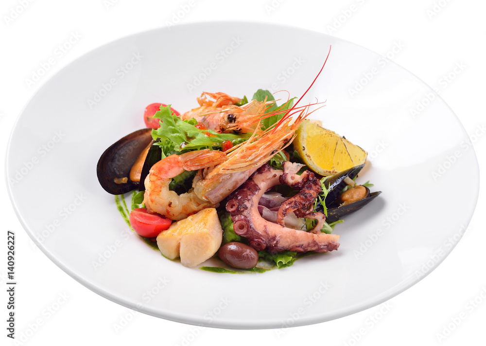 salad with seafood and tomatoes, and a duo of sauces, isolated