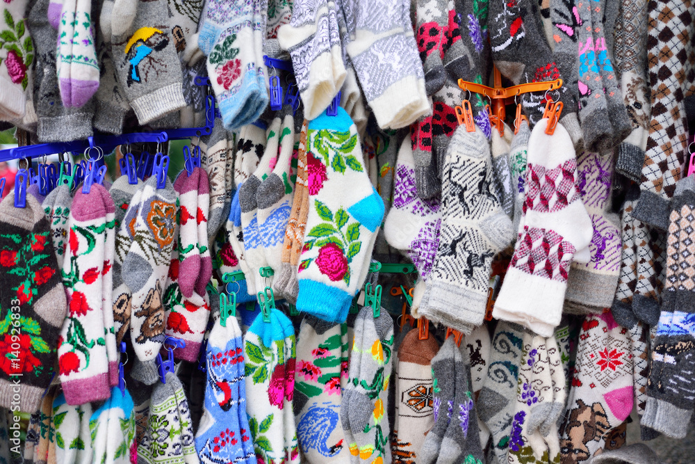 Colorful socks Christmas Market. The market is the annual tradition which takes place in different countries of the world.