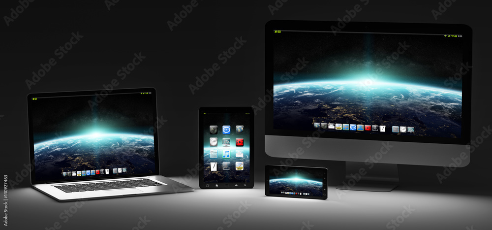 Dark modern computer laptop mobile phone and tablet 3D rendering Dark modern computer laptop mobile phone and tablet 3D rendering