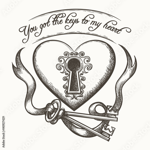 You got the keys to my heart vintage hand drawn vector illustration with ribbon isolated on white background