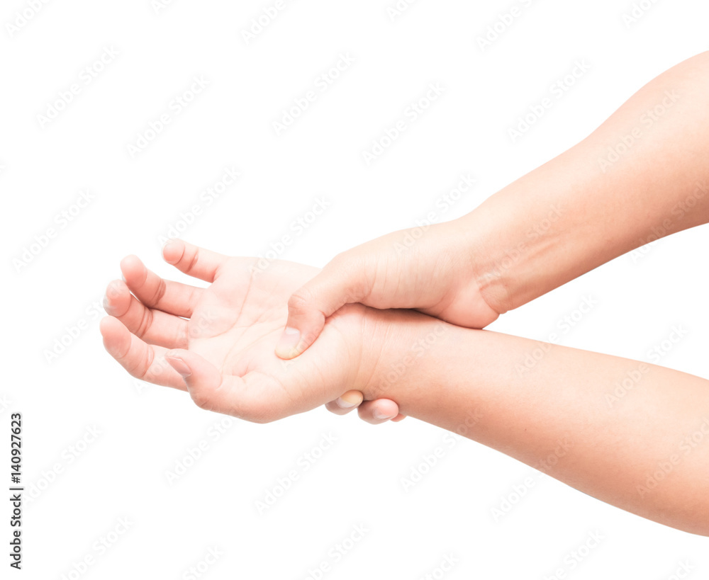Woman hand holding her wrist on white background, health care and medical concept