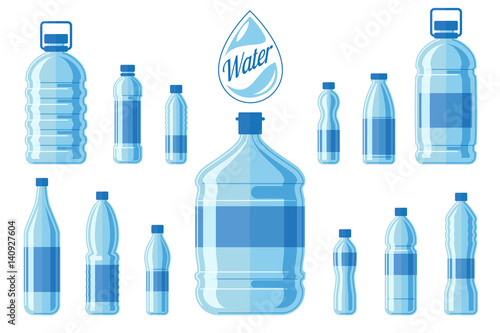 Plastic water bottle set isolated on white background. Healthy agua bottles vector illustration