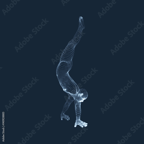 Sporty man doing handstand exercise. Gymnast. 3D model of man.