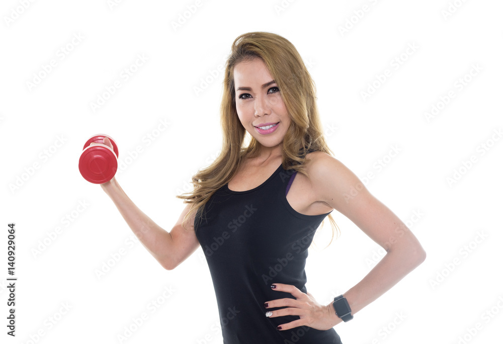 Fitness woman lifting weights smiling happy isolated on white background Fitness woman lifting weights smiling happy isolated on white background