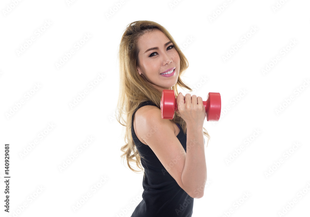 Fitness woman lifting weights smiling happy isolated on white background Fitness woman lifting weights smiling happy isolated on white background
