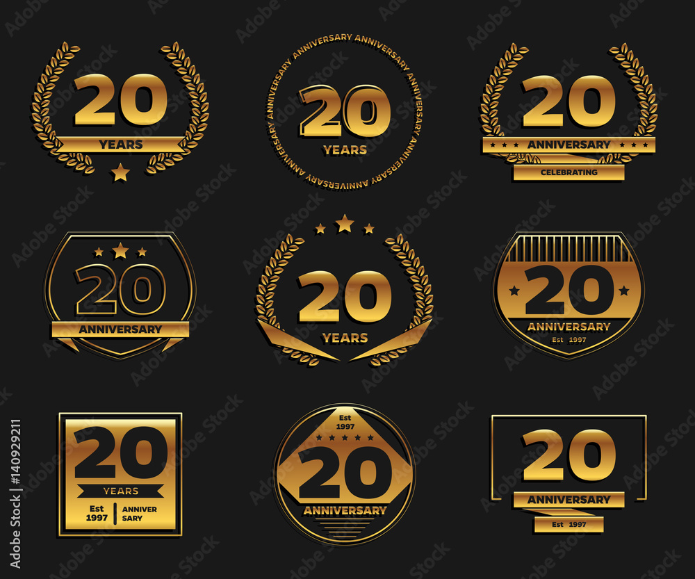 Naklejka premium Twenty years anniversary celebration logotype. 20th anniversary gold logo set.