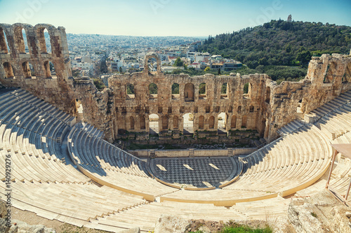 Ancient herodes atticus theater amphitheater of Acropolis of Athens, landmark of Greece photo