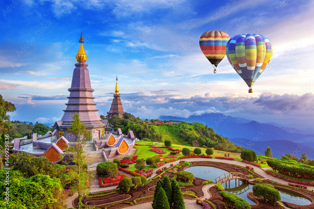 Landmark pagoda in doi Inthanon national park with Balloon at Chiang mai, Thailand.