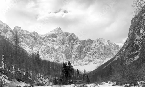 Vintage black and white mountain landscape (European Alps region).  In the picture is 