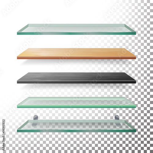 Empty Glass And Wood Shelves Template Vector. Realistic Metal, Glass, Wood, Plastic Bookstore Shelves Set