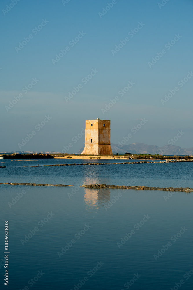 Salt works tower in Trapani - Sicily - Italy 