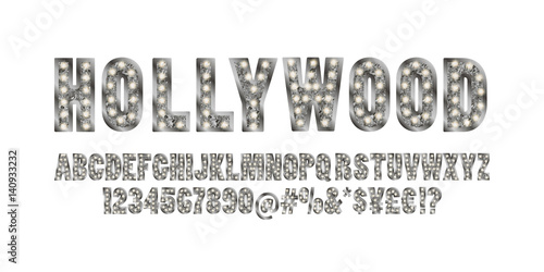 Hollywood. Color Golden alphabet with show lamps.