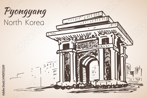 Pyongyang city sketch. North Korea. Arch of Triumph Pyongyang, North Korea