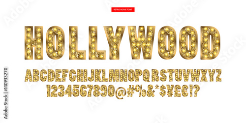 Hollywood. Color Golden alphabet with show lamps.