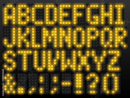 Led digital font based on dot-matrix technology. Alphabet of scoreboard letters and punctuation. Vector typeface for airport schedules, display, train timetables, scoreboard, variable message sign