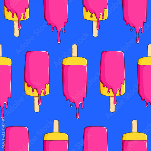 Seamless pattern of ice cream with flowing glaze on blue background. Vector illustration, eps 10.