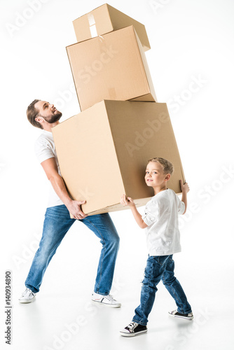 Father and son with boxes