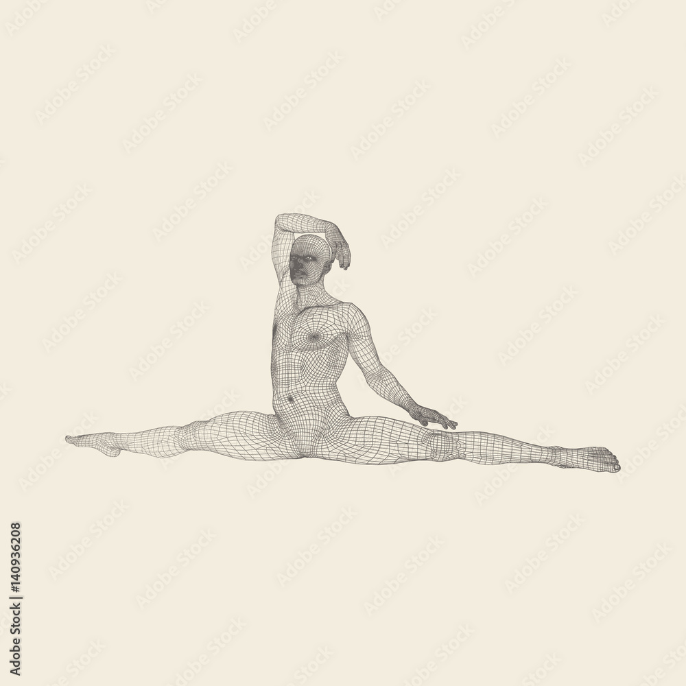 Fototapeta premium Gymnast. Athletic man doing hand exercises sitting on the splits.