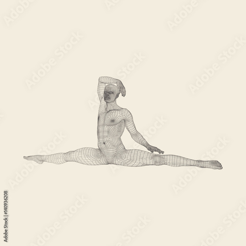 Gymnast. Athletic man doing hand exercises sitting on the splits.