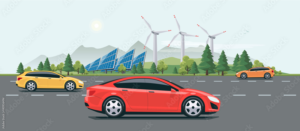 Urban Landscape Street Road with Electric Cars Nature Background Urban Landscape Street Road with Electric Cars Nature Background