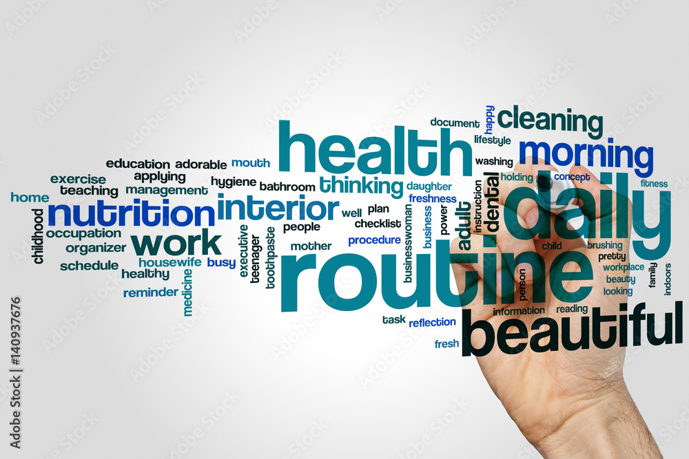 Daily routine word cloud concept on grey background Daily routine word cloud concept on grey background